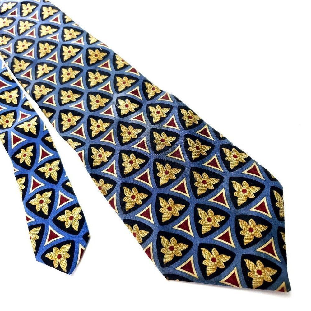 Valentino Blue & Beige Silk Tie Woven Wide Geometric